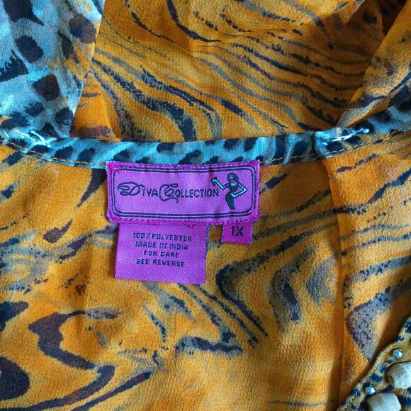 Orange color Paisley style blouse, with sequins shiny and wood beaded details - Picture 10 of 12